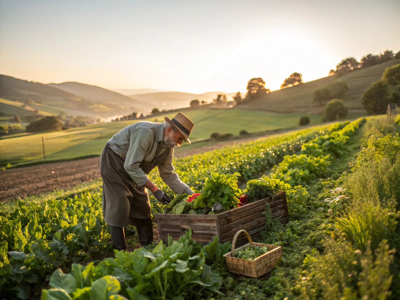 A farmer tending to organic crops in a green field