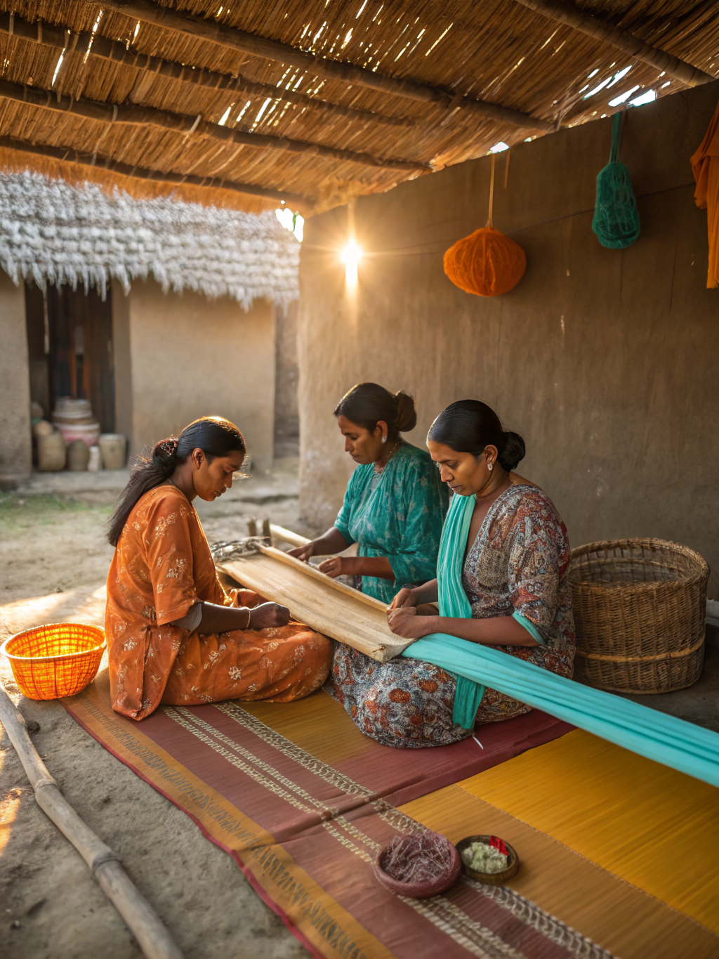 Women weaving traditional textiles together